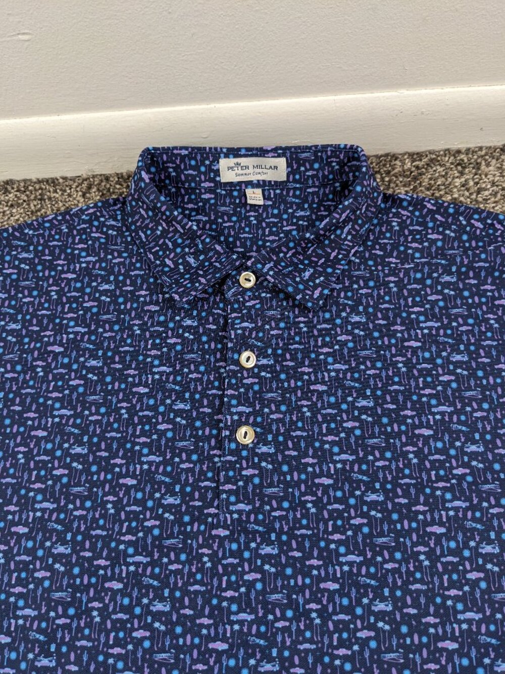 2021 Peter Millar Summer Comfort Polo Shirt Fontana Desert Golf Blue Mens Large